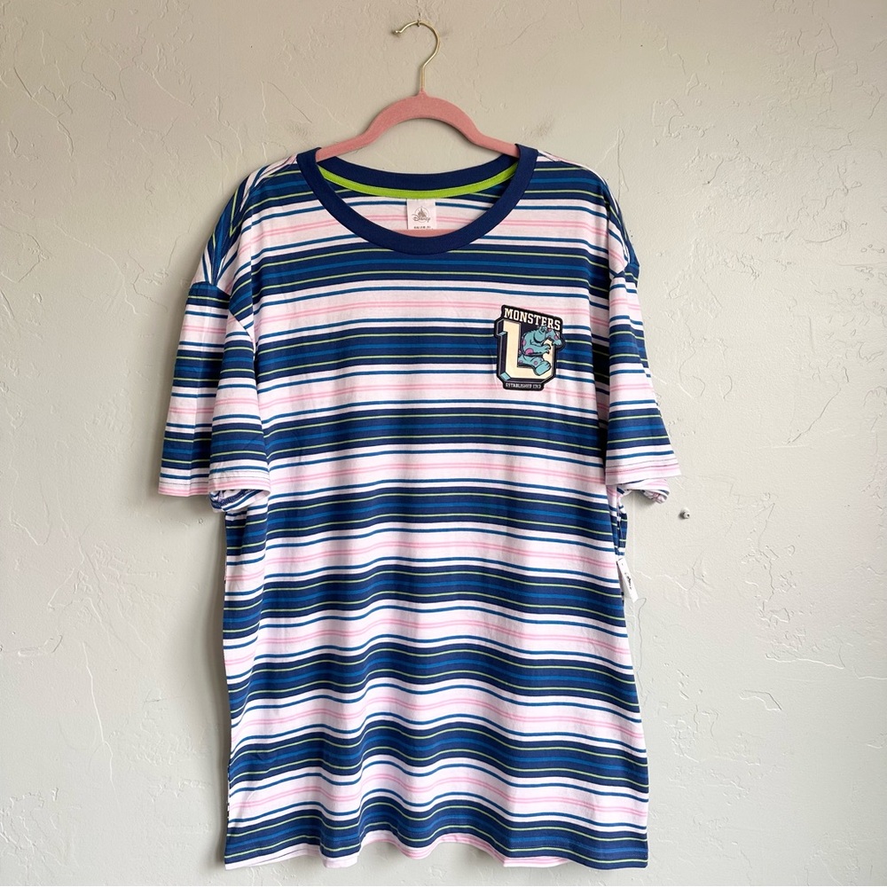 Disney‎ Parks Monsters University Blue Pink Retro Striped Tee Adult Large NWT